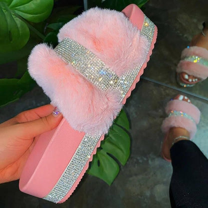 Luxury Rhinestones fur slippers