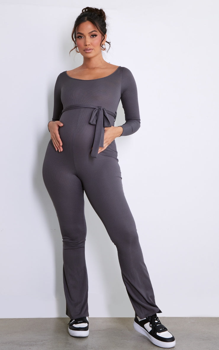 Maternity Dusty Blue Rib Tie Waist Jumpsuit