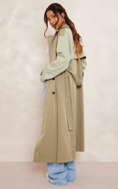 Khaki Belted Two Tone Trench Coat