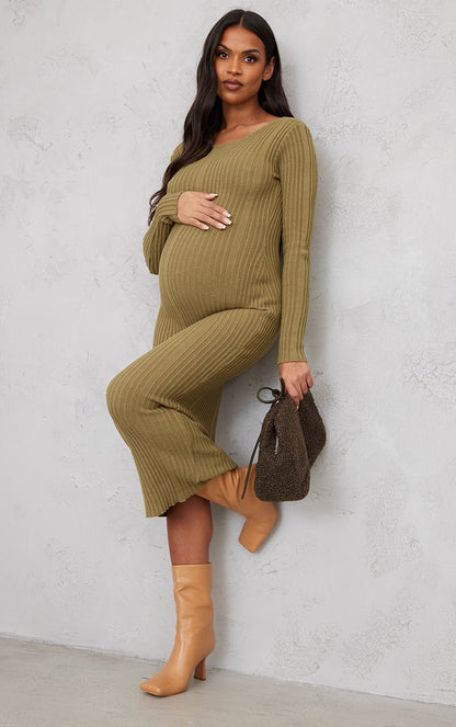 Maternity Cream Knitted Midaxi Tie Back Bodycon Dress