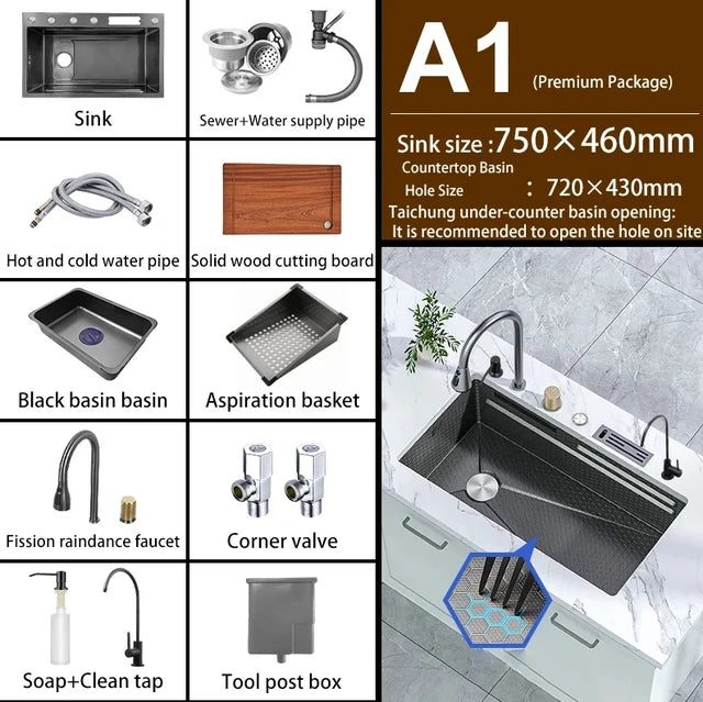 304 Stainless Steel Kitchen Waterfall Sink Digital Display Large Single Sink Dish Basin Sink With Multifunction Touch Waterfall