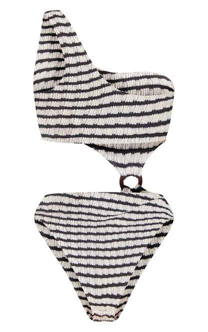 Monochrome Crinkle Contrast Stripe O Ring Swimsuit