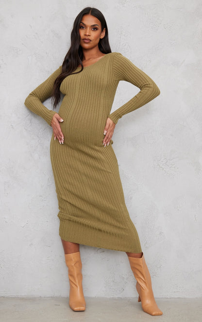 Maternity Cream Knitted Midaxi Tie Back Bodycon Dress