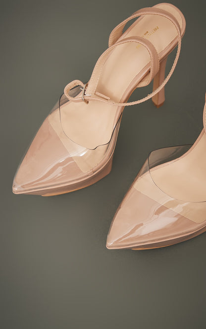 Nude Wide Fit Patent Point Toe Clear Ankle Strap Platform Heeled Mules