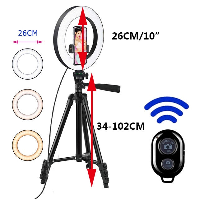 26cm Led Selfie Ring Light  Bluetooth Remote Lamp Photography Tripod Holder