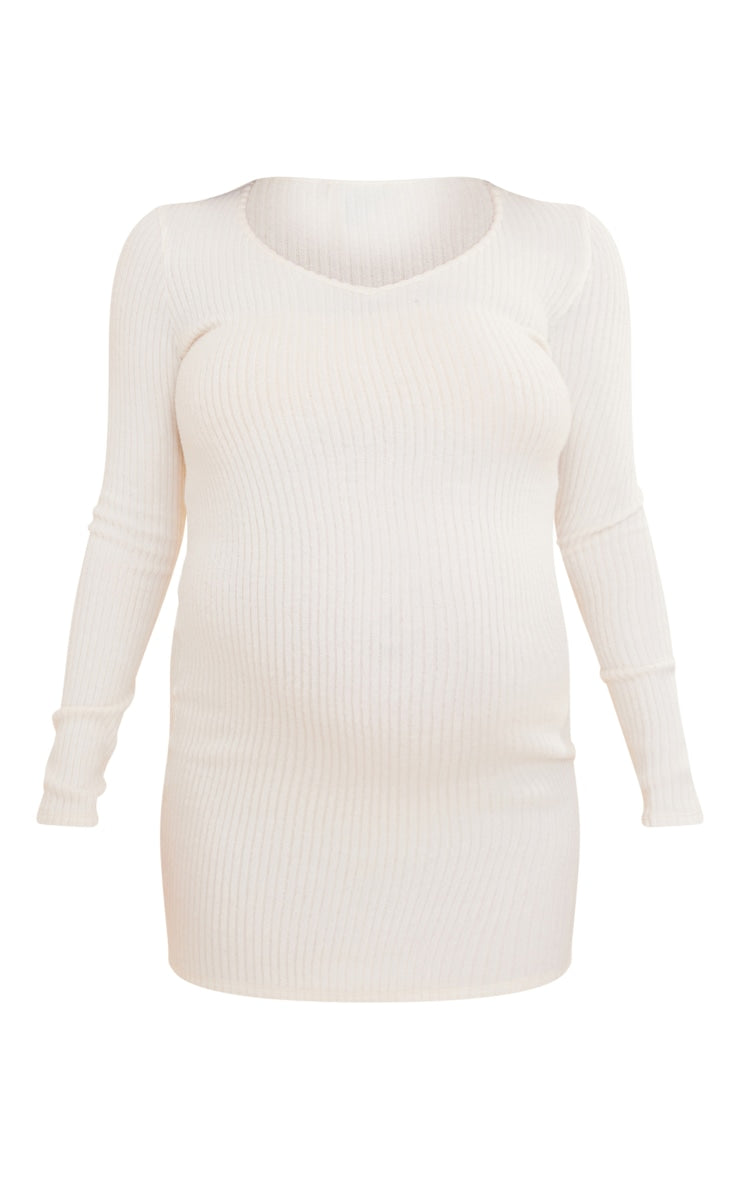 Maternity Cream Brushed Rib Plunge Bodycon Dress