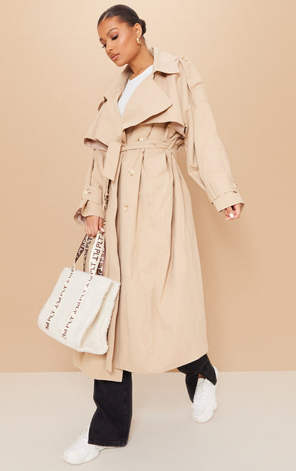 Stone Woven Hooded Oversized Trench Coat