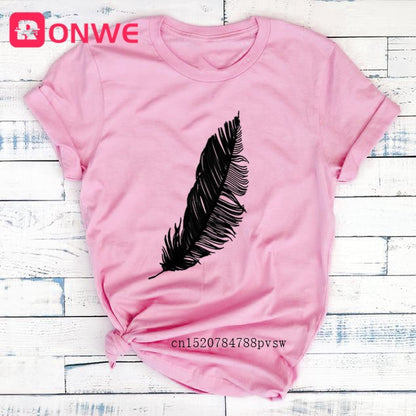 Women Casual Fashion T-shirt Feather Print Loose O-neck Short Sleeve Elastic Stretched Summer Home New Tee Shirt