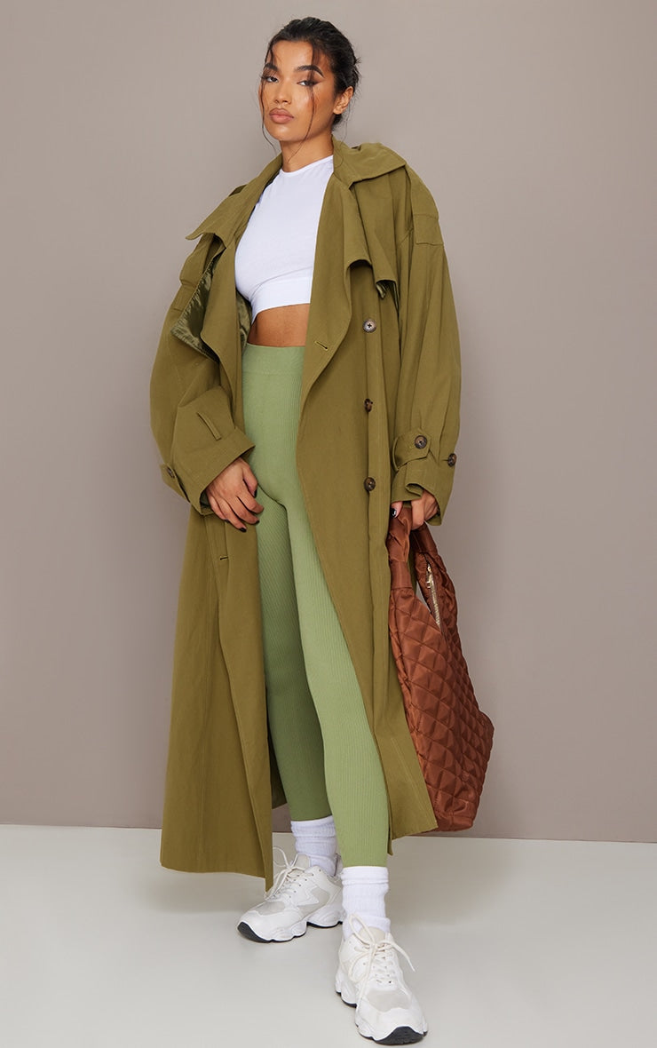 Stone Woven Hooded Oversized Trench Coat