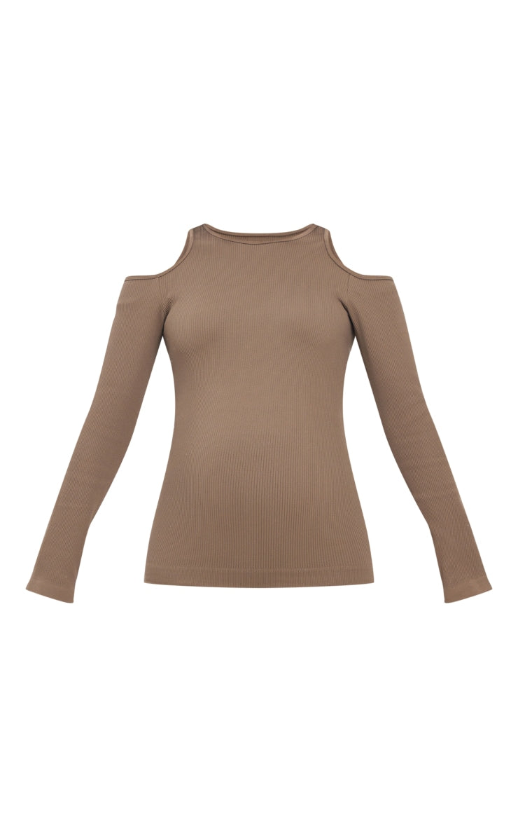 Maternity Coffee Cut Out Long Sleeve Contour Rib Top