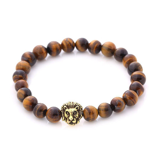 Tiger Eye Natural Stone Lion Head Stretch 18K Gold Plated Bracelet