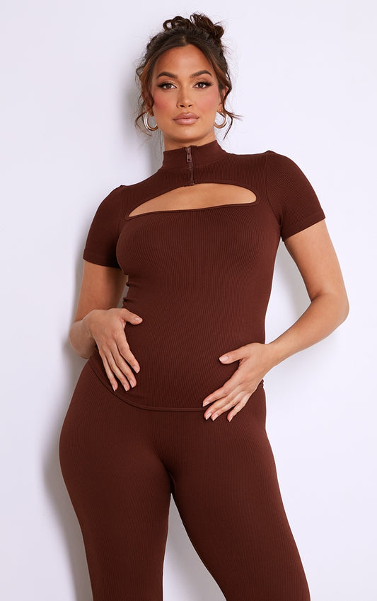 Maternity Chocolate Cut Out Front Contour Rib Top