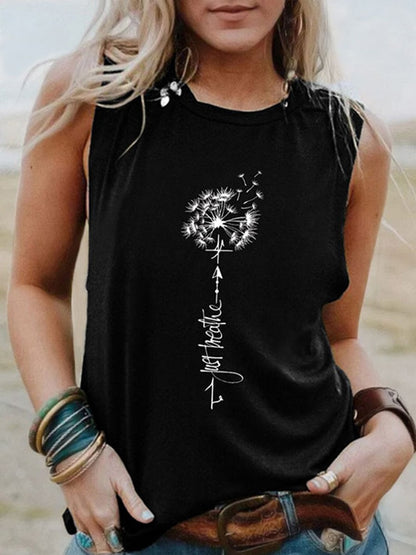 Löwenzahn-Druck-Grafik-Tanktop für Damen, ärmellose Shirts, Just Breathe, inspirierende Buchstaben-T-Shirts, Sommer-Strand-Weste-T-Shirts 