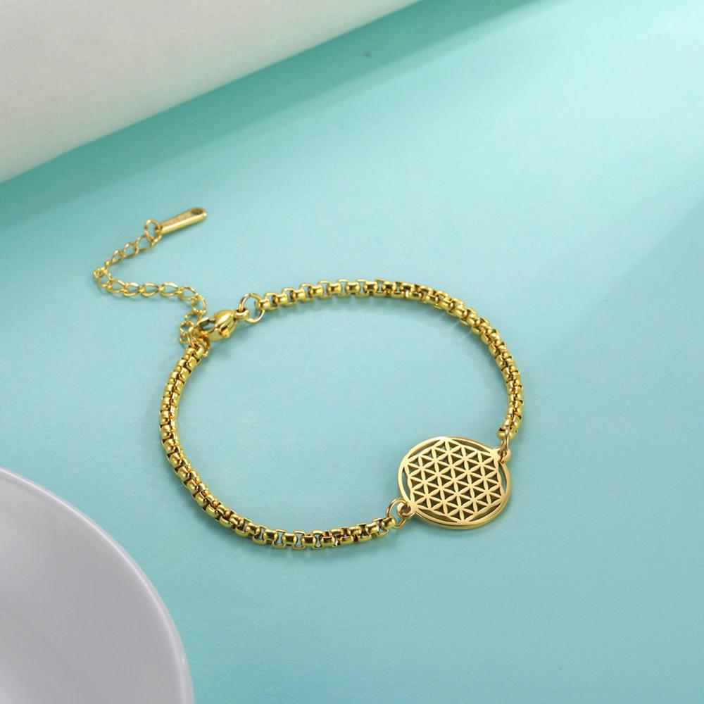 Flower of Life Round Stainless Steel Bracelet Gold Silver Color Charm Bracelets for Women Chain Fashion Jewelry Gifts