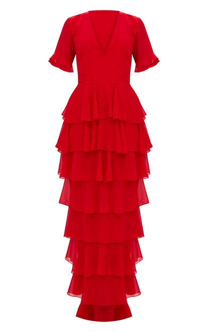 Red Chiffon Ruffle Layer Maxi Dress