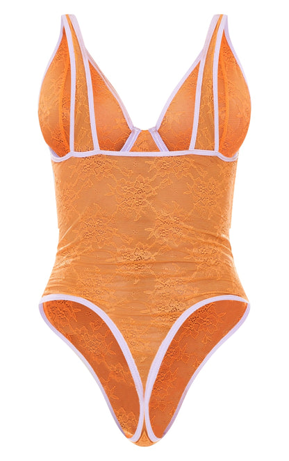 Orange Contrast Binding Lace Bodysuit