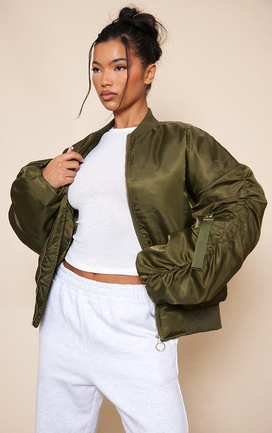 Khaki Oversized Ruched Sleeve Bomber Jacket