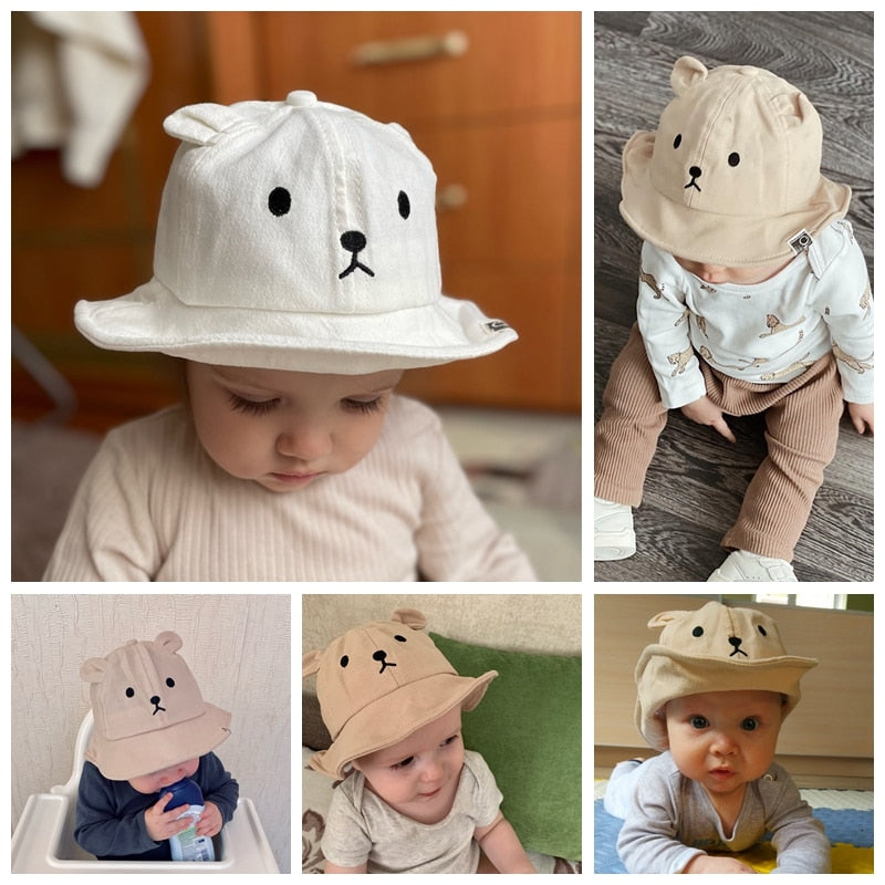 Spring Summer Baby Bucket Hat Cute Bear Ear Newborn Panama Cap Solid Color Outdoor Beach Kids Baby Boy Girl Sun Hats Bonnet