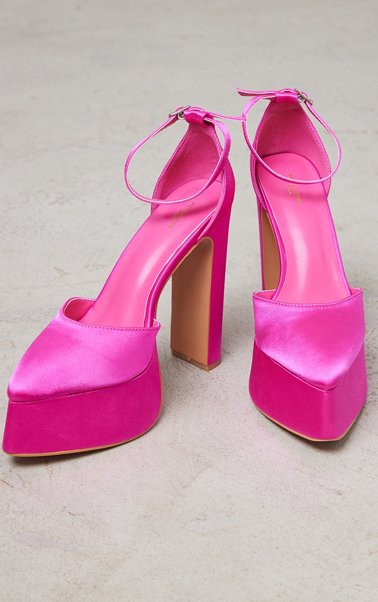 Hot Pink Wide Fit Satin Flared Point Toe Platform High Heeled Sandals