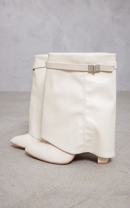 Cream PU Point Toe Fold Over Wide Fit Block Heeled Ankle Boots