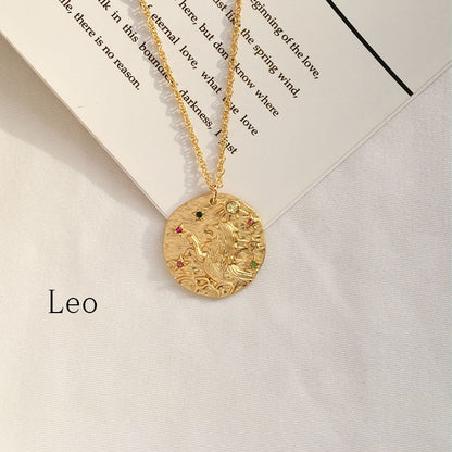 Gold Coin Disk Pendant Zodiac Necklace for Men Women