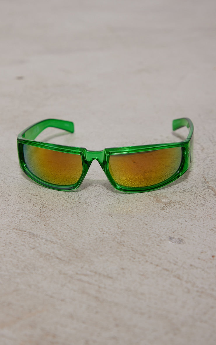 Green Mirrored Squared Sporty Visor Sunglasses