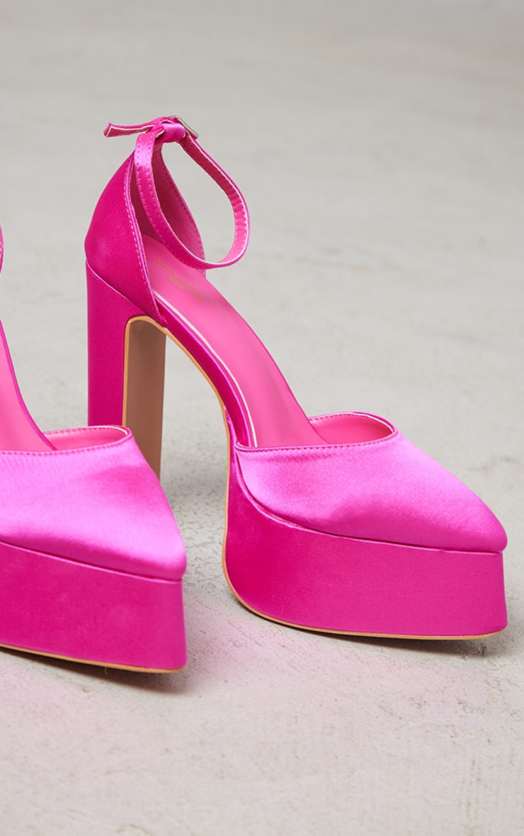 Hot Pink Wide Fit Satin Flared Point Toe Platform High Heeled Sandals