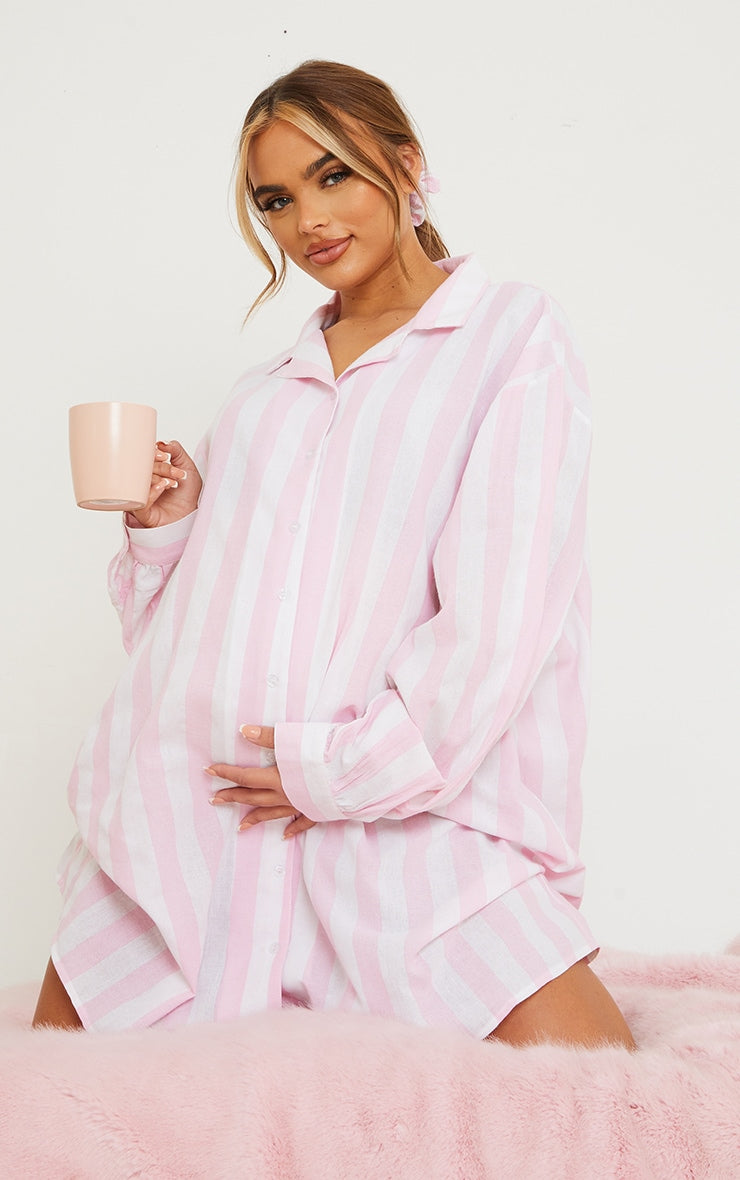 Maternity Pink Oversized Stripe Night Shirt