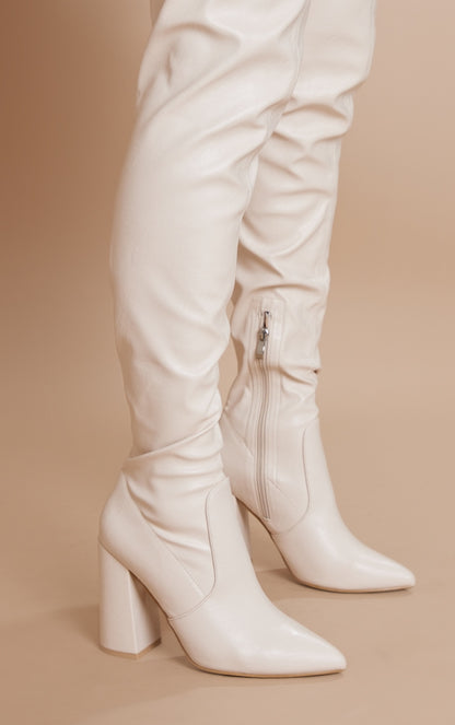 Cream Block Heel PU Thigh High Boots