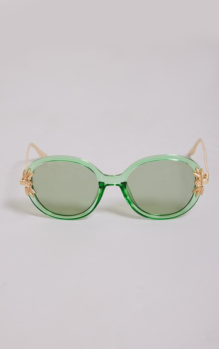 Green Crystal Frame Palm Detail Round Sunglasses