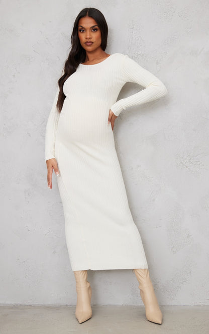 Maternity Cream Knitted Midaxi Tie Back Bodycon Dress