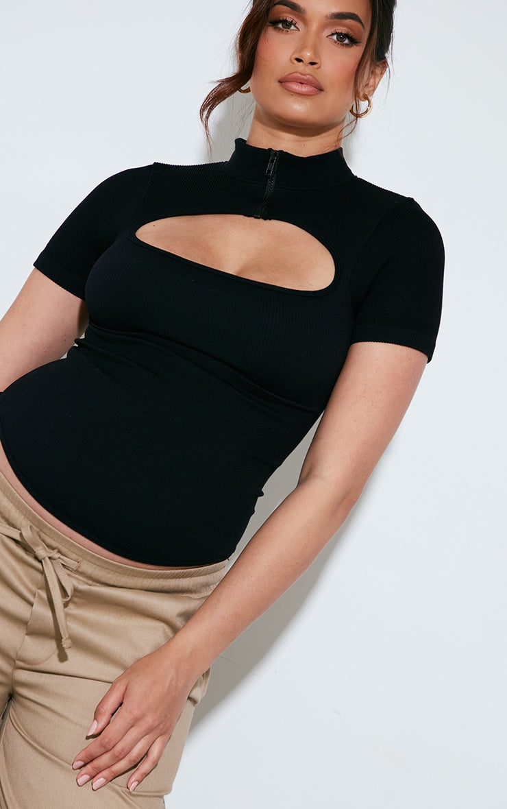 Maternity Chocolate Cut Out Front Contour Rib Top