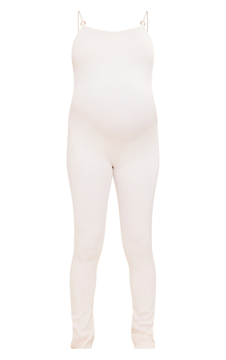 Maternity Cream Strappy Ring Detail Contour Rib Jumpsuit