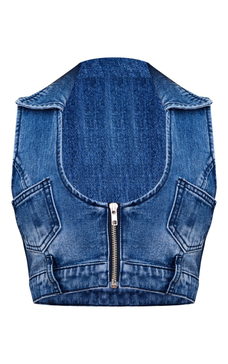 Mid Blue Wash Zip Through Denim Top