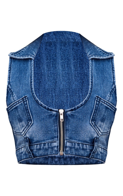 Mid Blue Wash Zip Through Denim Top