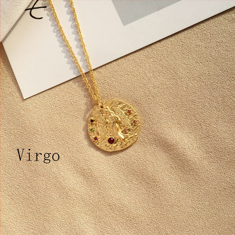 Gold Coin Disk Pendant Zodiac Necklace for Men Women