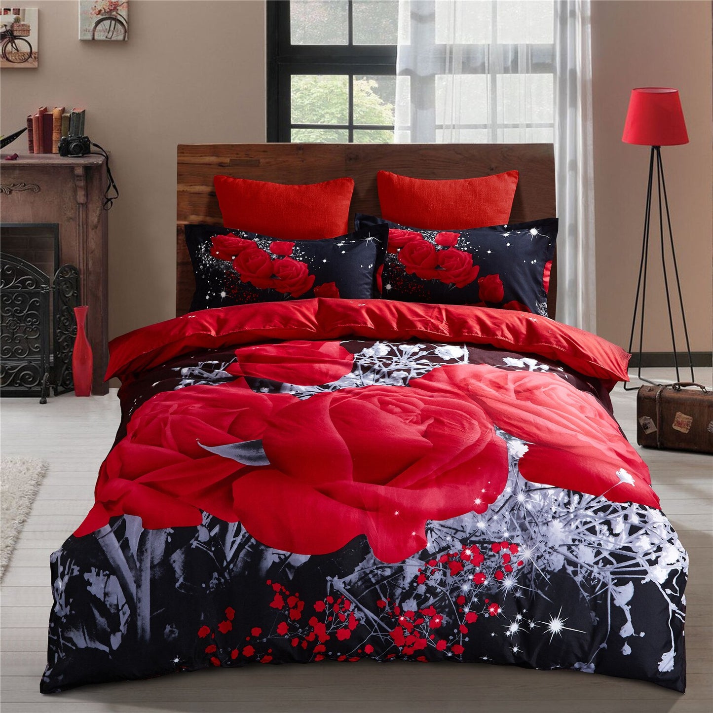 Red Flowers Rose Black Modern Luxury Comforter Bedding Set