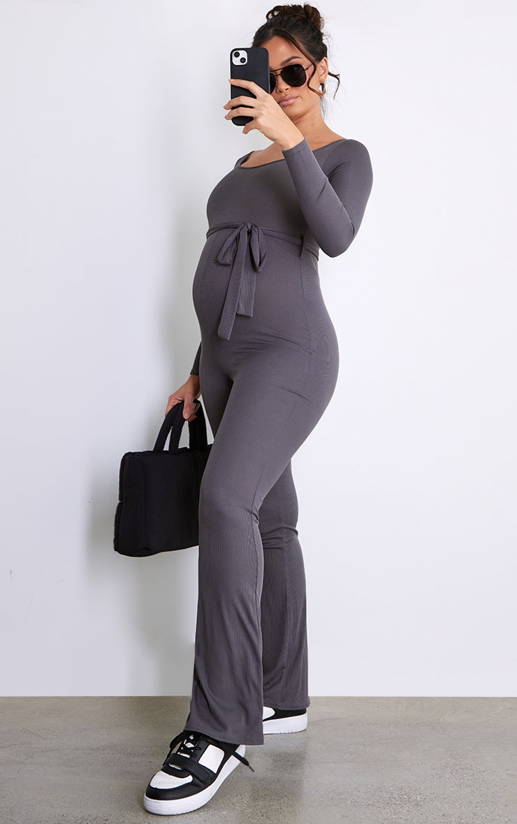 Maternity Dusty Blue Rib Tie Waist Jumpsuit