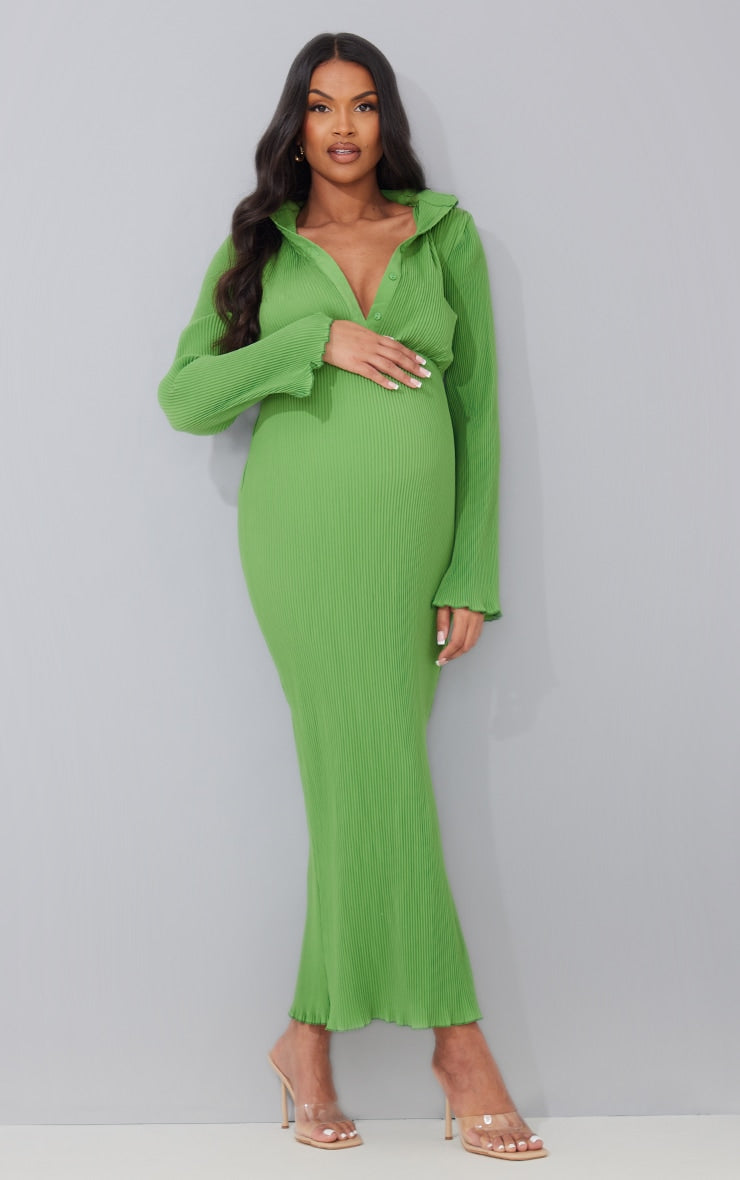 Maternity Green Plisse Button Thru Midi Dress