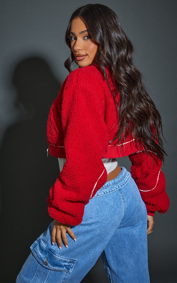 Petite Red Oversized Borg Embroidered Bomber