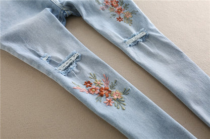 Embroidery Flower Denim Maternity Jeans