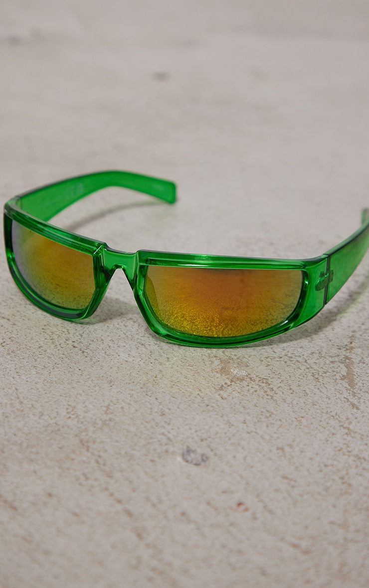 Green Mirrored Squared Sporty Visor Sunglasses