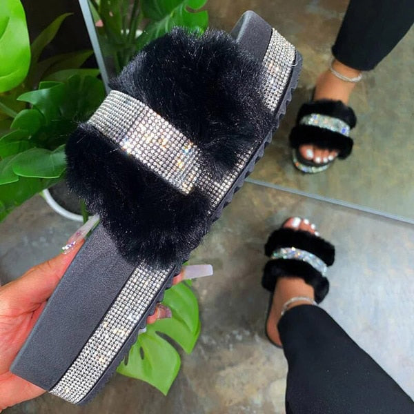 Luxury Rhinestones fur slippers