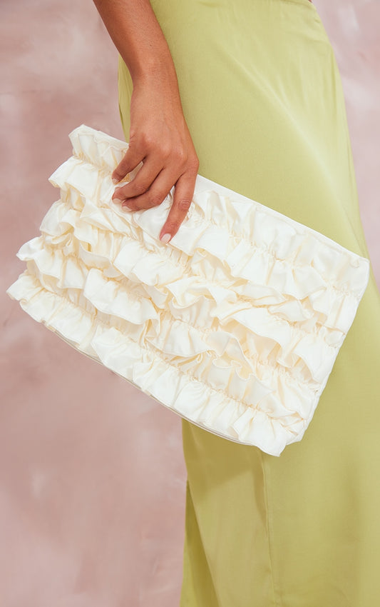 Cream Satin Ruffle Clutch