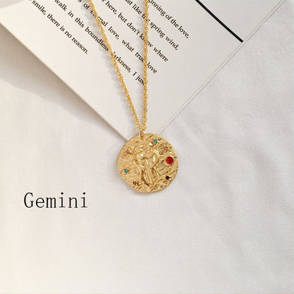 Gold Coin Disk Pendant Zodiac Necklace for Men Women