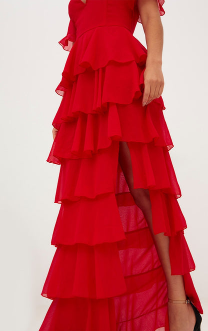 Red Chiffon Ruffle Layer Maxi Dress