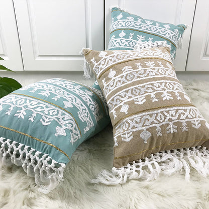 Linen Embroidery Cushion Cover with Tassel