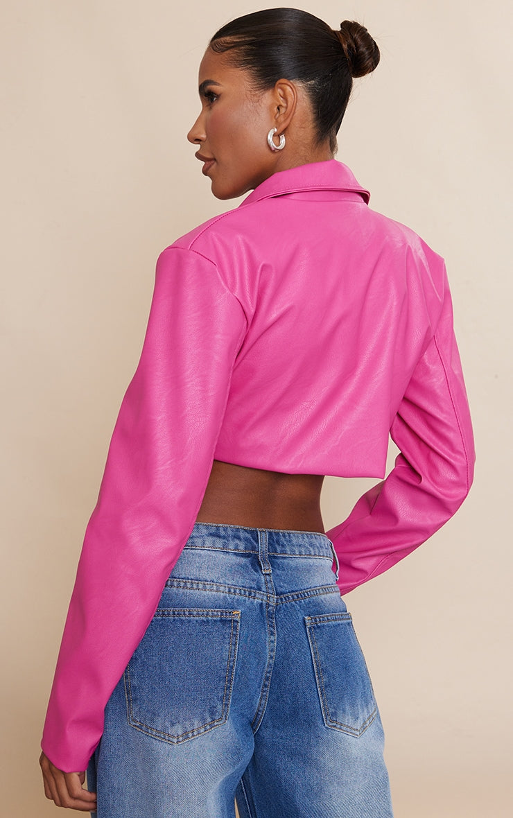 Bright Pink Buckle Detail Faux Leather Super Cropped Blazer