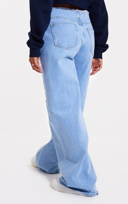 Light Blue Wash Frayed Waistband Wide Leg Denim Jeans