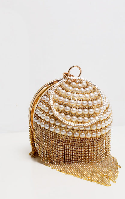 Gold Diamante And Pearl Large Sphere Bag